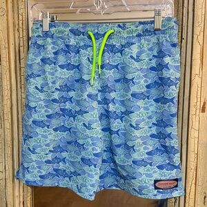 Vineyard Vines Boys’ Aqua and Blue Fish Pattern Swim Trunks